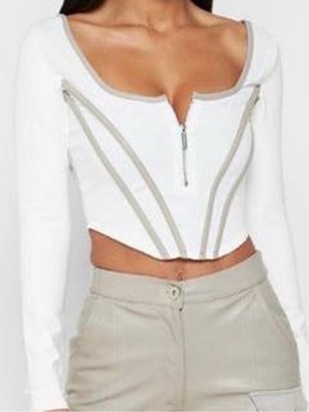 Maniere De Voir Corset style Zip-Front Long Sleeve Top